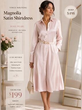 ✨$498 Vince Rose Pearl Satin Shirtdress Minimalist Coquette Romantic NWOT SZ S